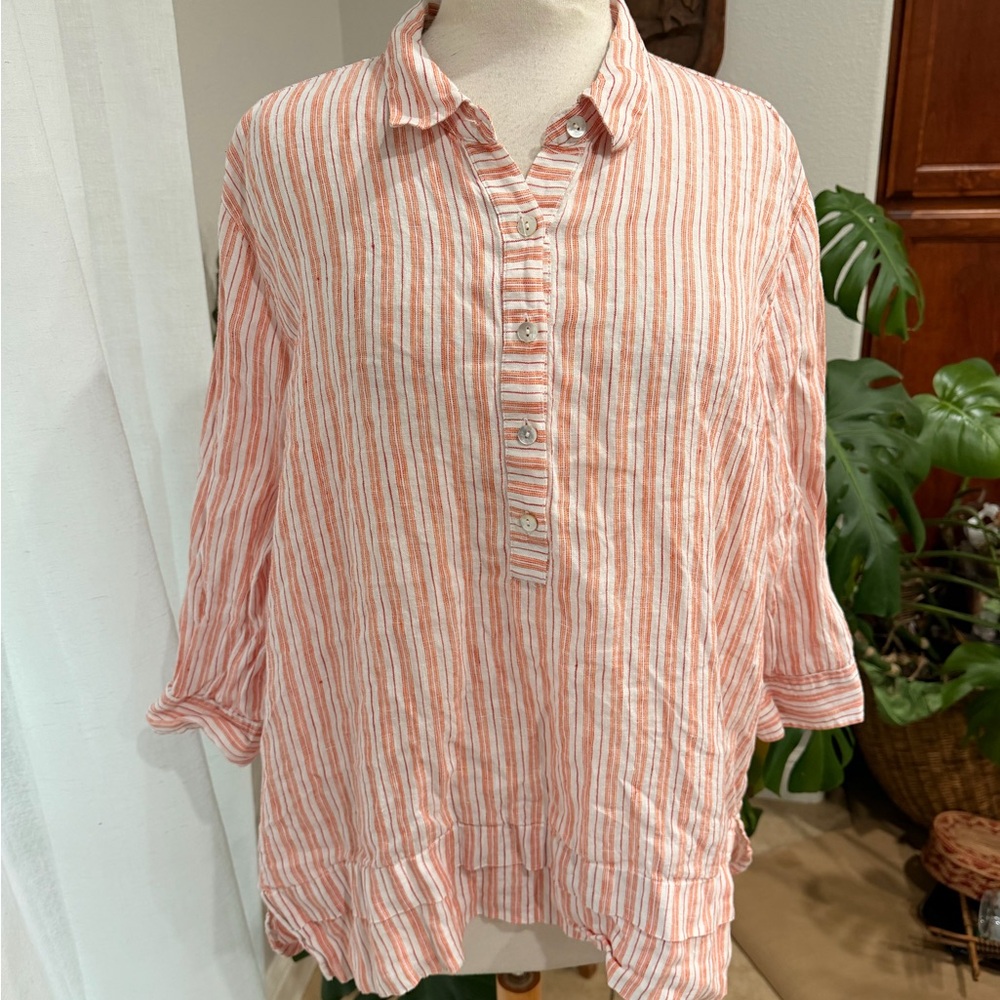 Love Linen Striped Linen Blouse | Orange & White | XL Petite